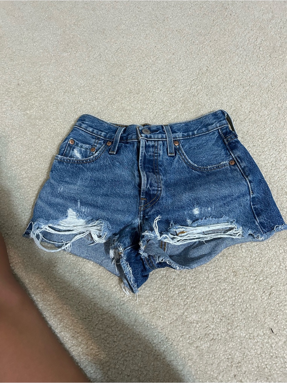 Distressed High-Waist Denim Shorts - Blue